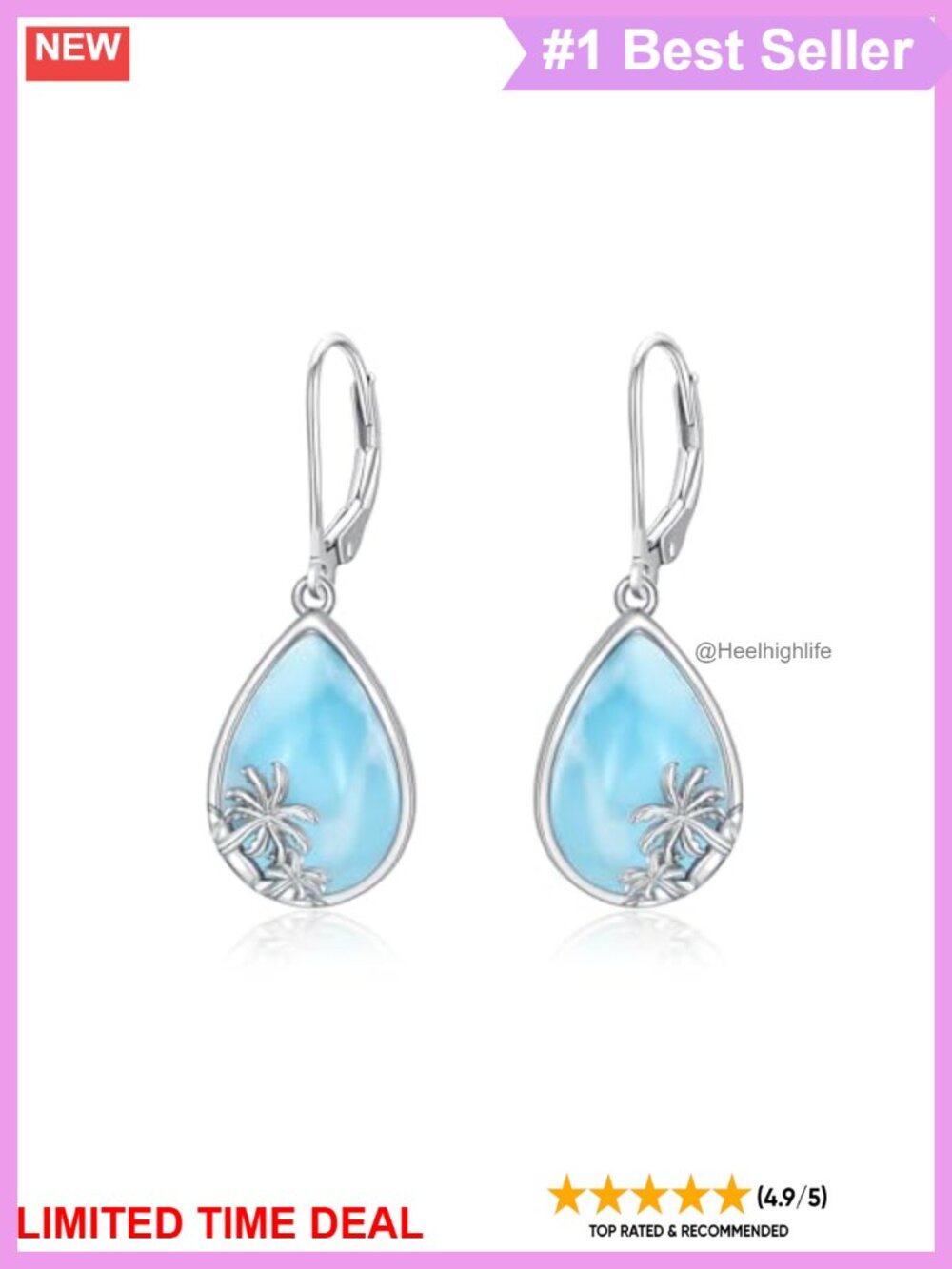 Larimar Palm Tree Drop Dangle Earrings 925 Sterling Silver Beach Jewelry